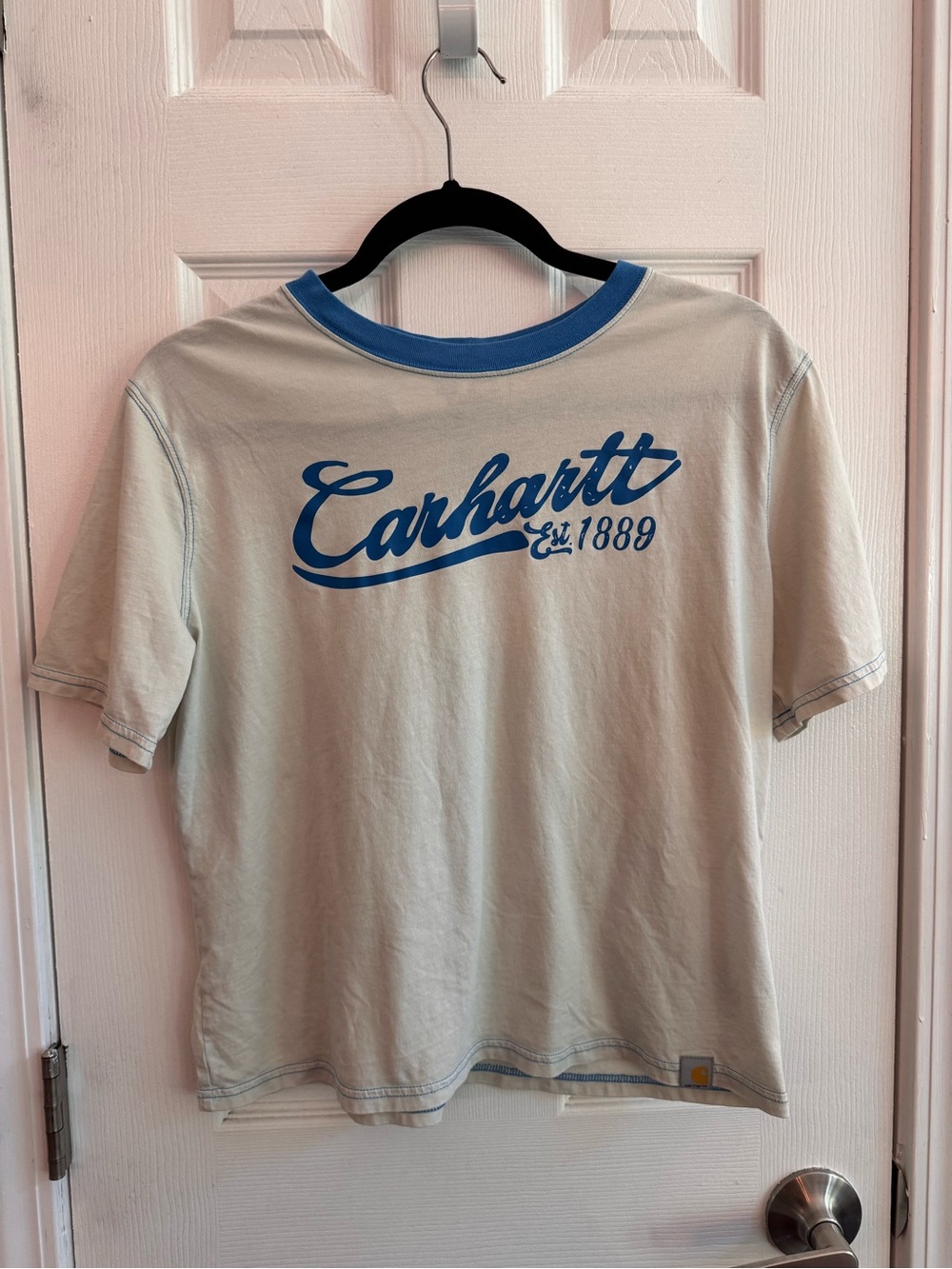 CARHARTT Women’s Graphic Ringer Tee Off White Blue Stitching Size Small